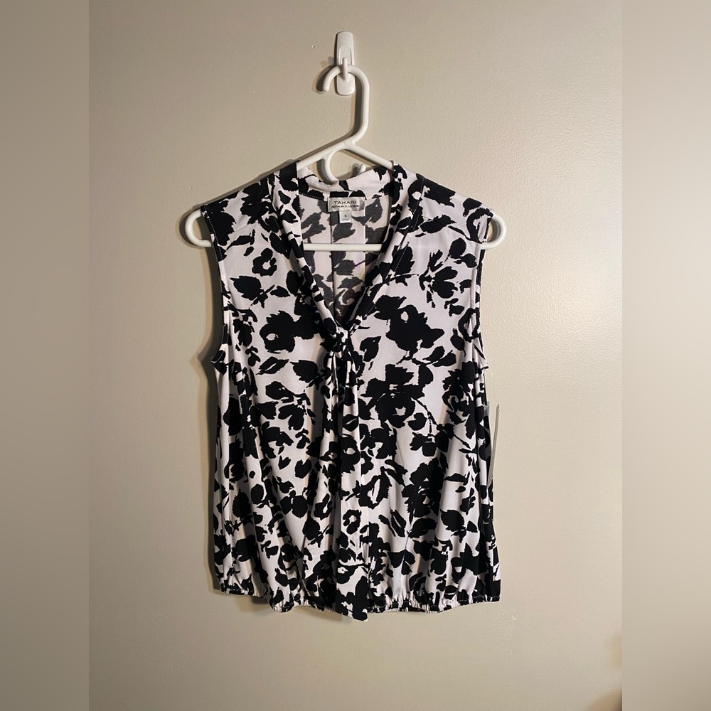 Tahari Sleeveless Tie Neck Top | Women’s Black & White | Size: S